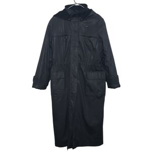 Ellabee Long Black Hooded Winter Coat Quilted Lining Cinch Waist Pockets Large